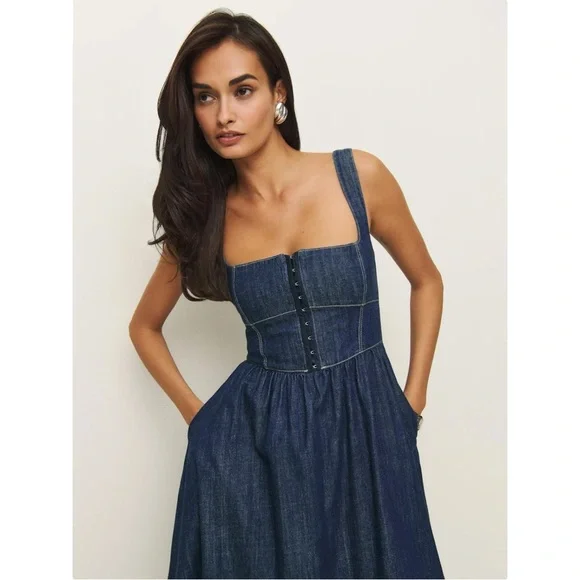 Reformation Jeans Tagliatelle Dark Wash Blue Denim Midi Dress sz 6 - Picture 14 of 15